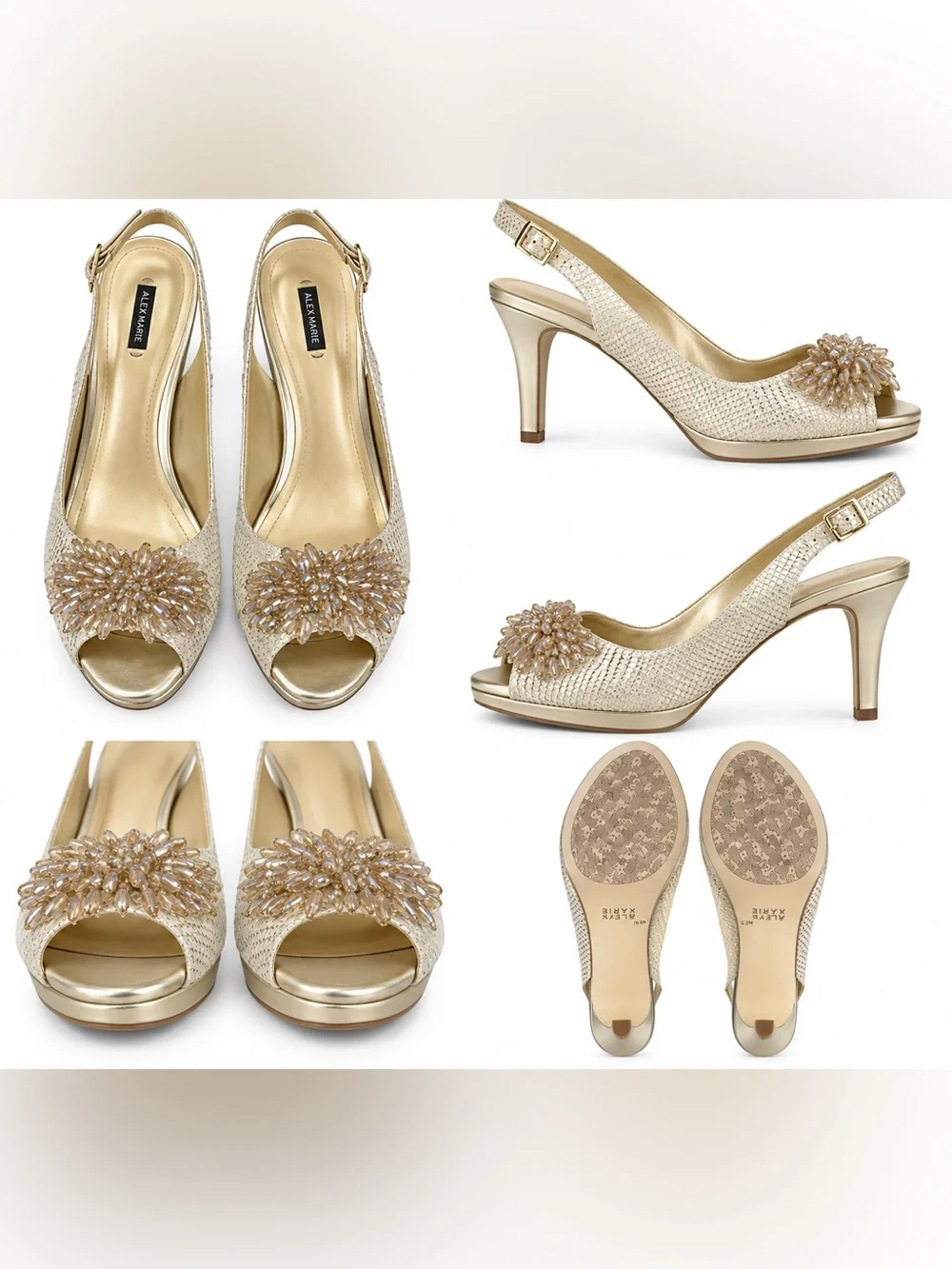 Alex Marie Gold Jeweled Peep-Toe Slingback Heels